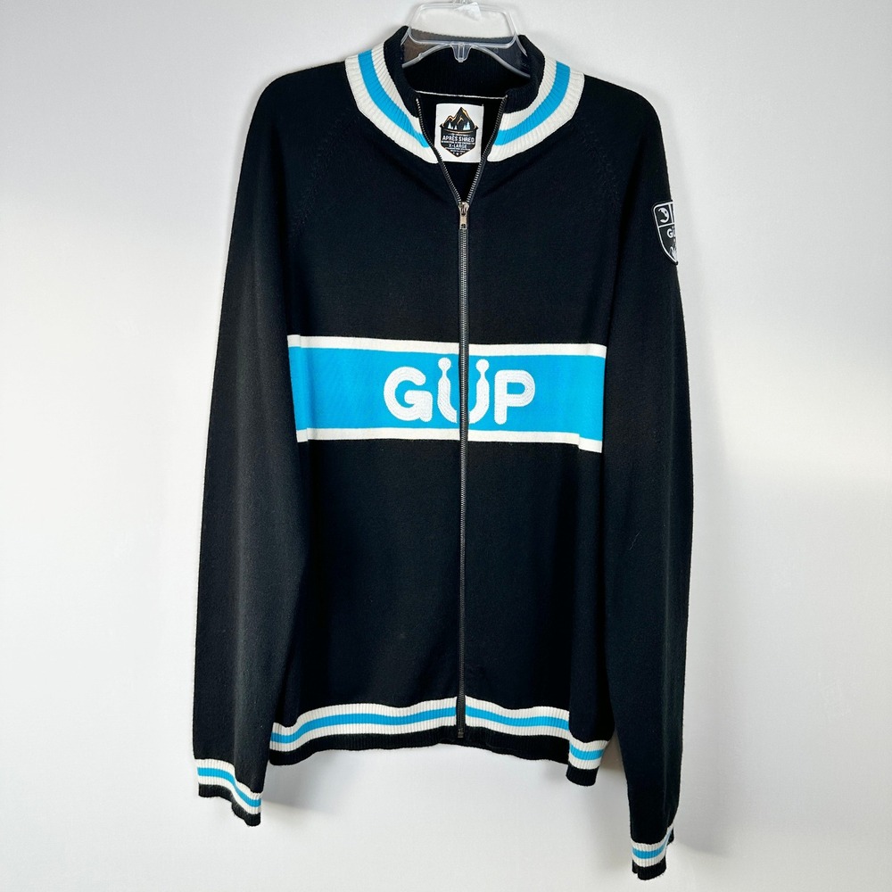 GUP Merino Wool Zip Up Sweater Vintage Blue Cycle Design Mens XL Apres Shred Ski